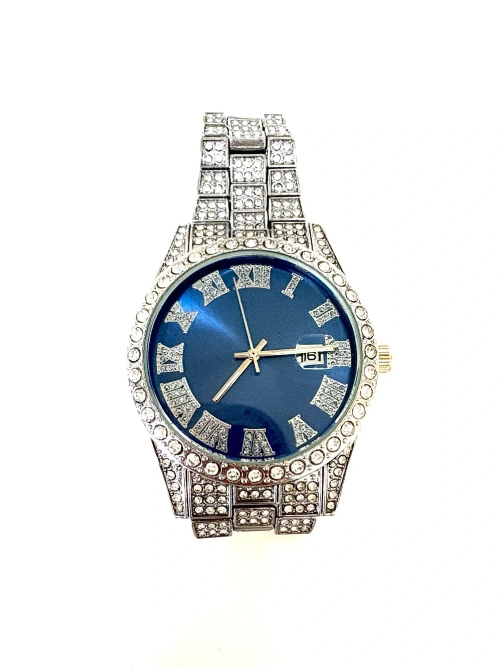 Iced Out Women’s Silver Rhinestone Watch Blue Face Roman Numeral + Extra Links